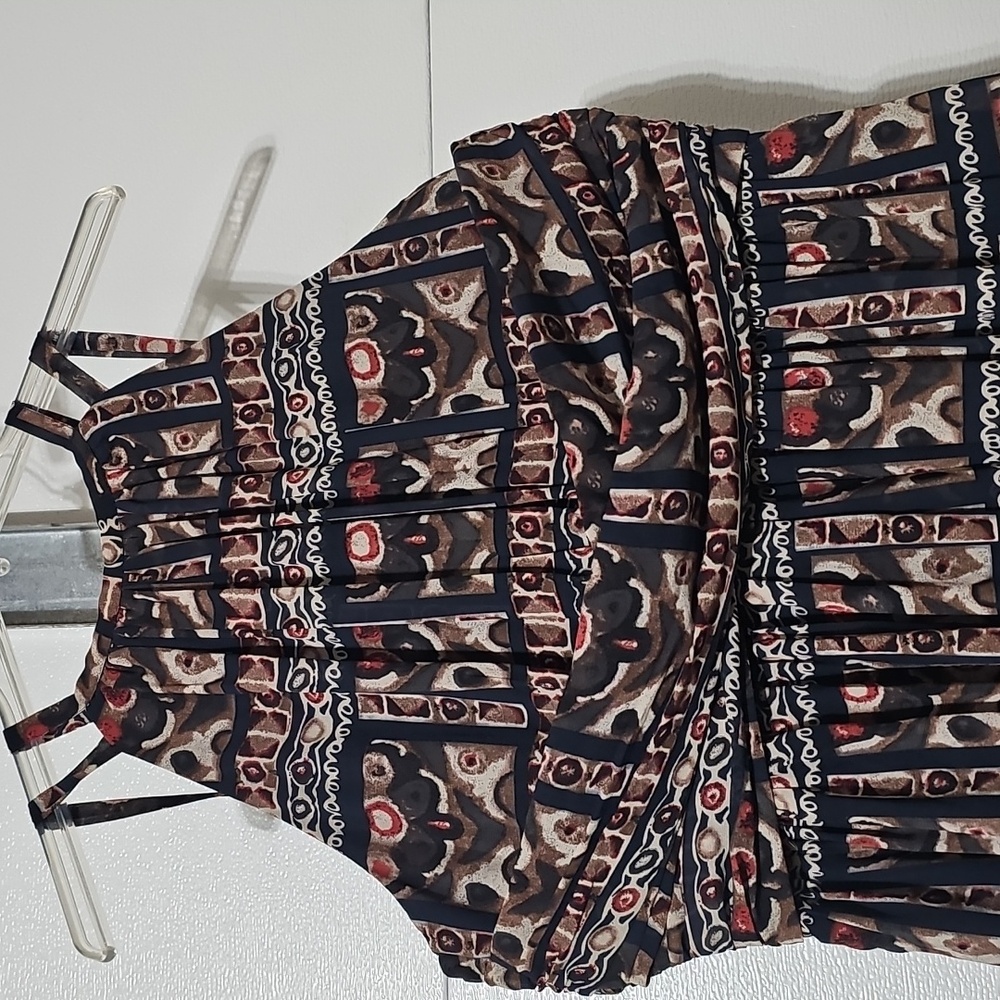 eShakti Wayward Fancies Blue, Brown, And Coral Patterned Maxi Dress